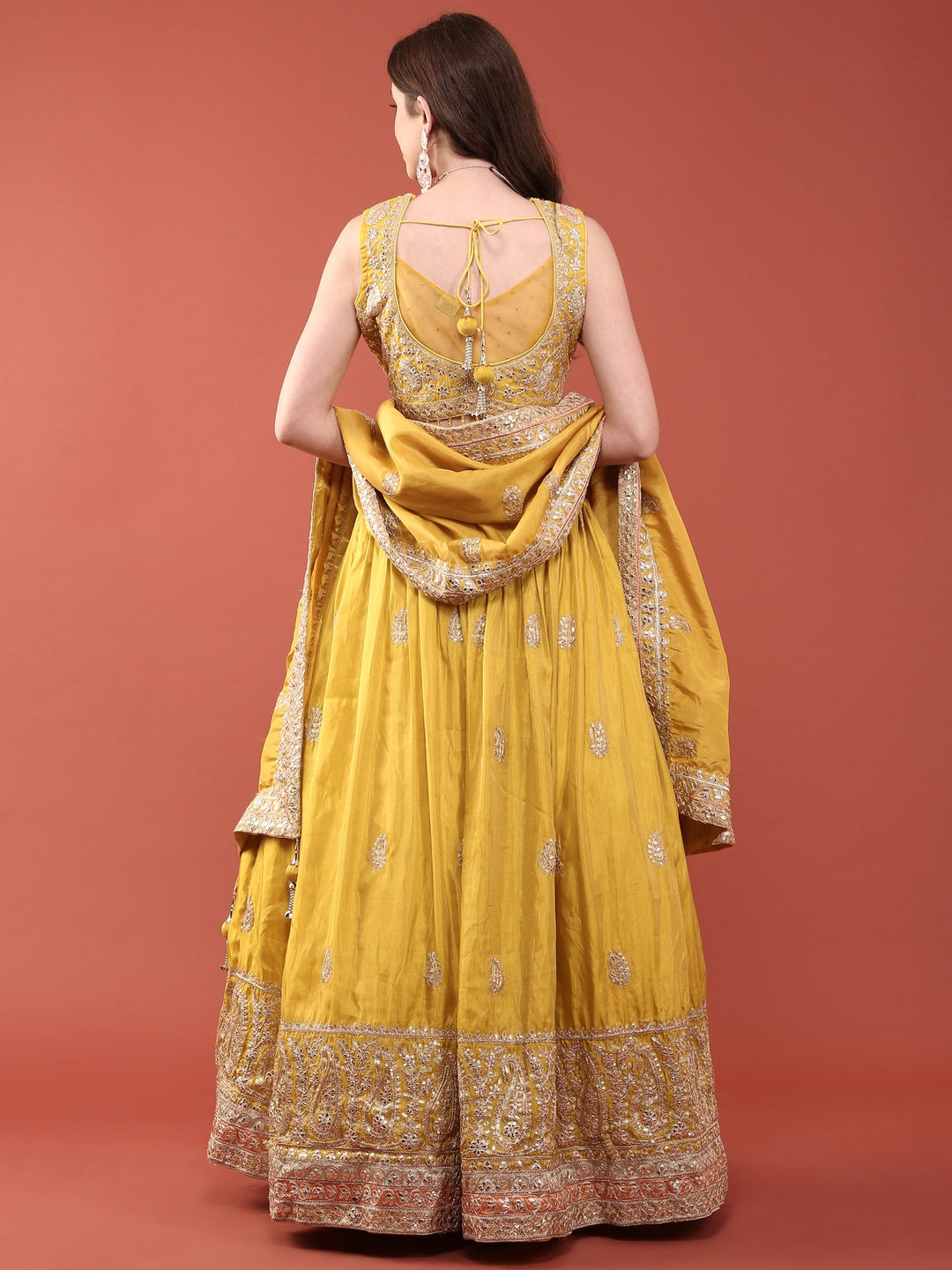 Neerus Yellow silk embroidered lehenga set - detail view 1