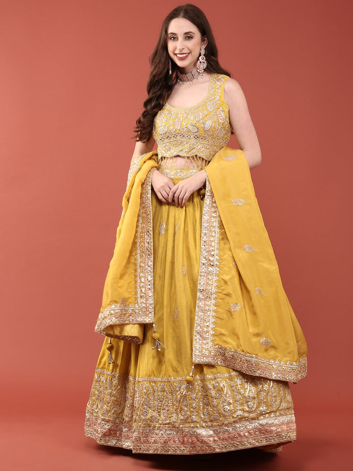 Neerus Yellow silk embroidered lehenga set - detail view 4