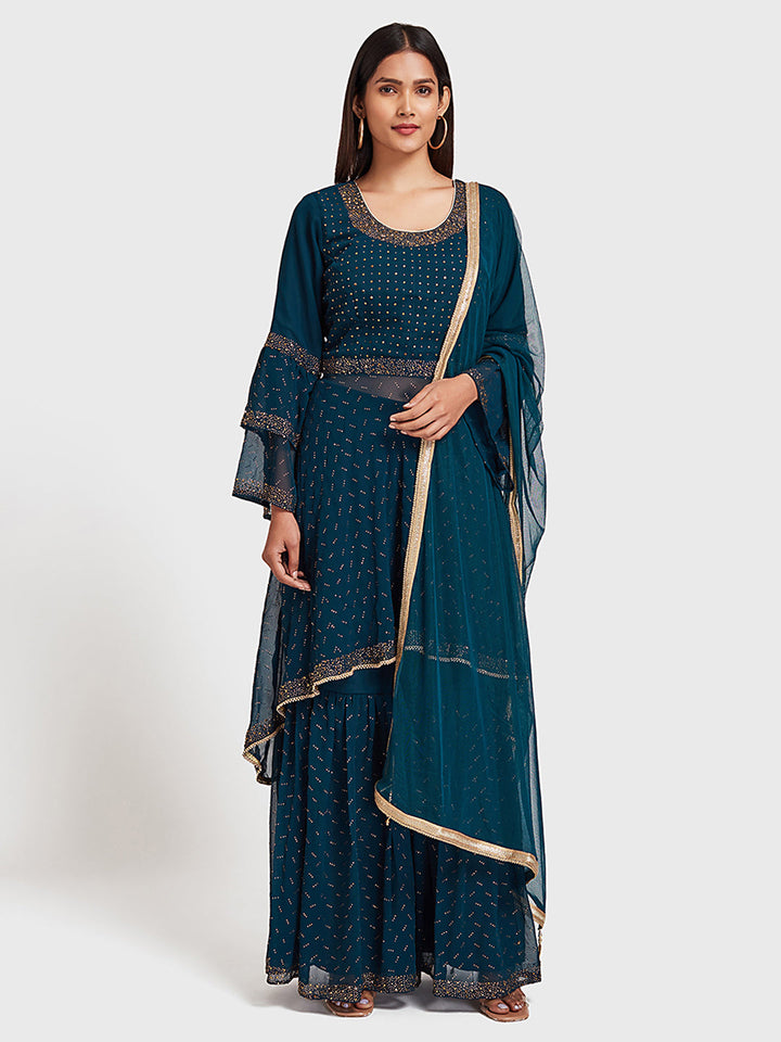Neerus Blue Georgette Embroidered Anarkali Sharara Set - detail view 4