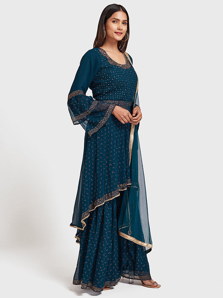 Neerus Blue Georgette Embroidered Anarkali Sharara Set - front view