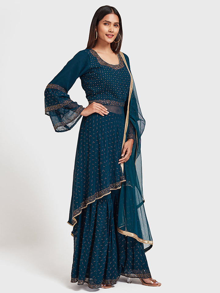 Neerus Blue Georgette Embroidered Anarkali Sharara Set - back view