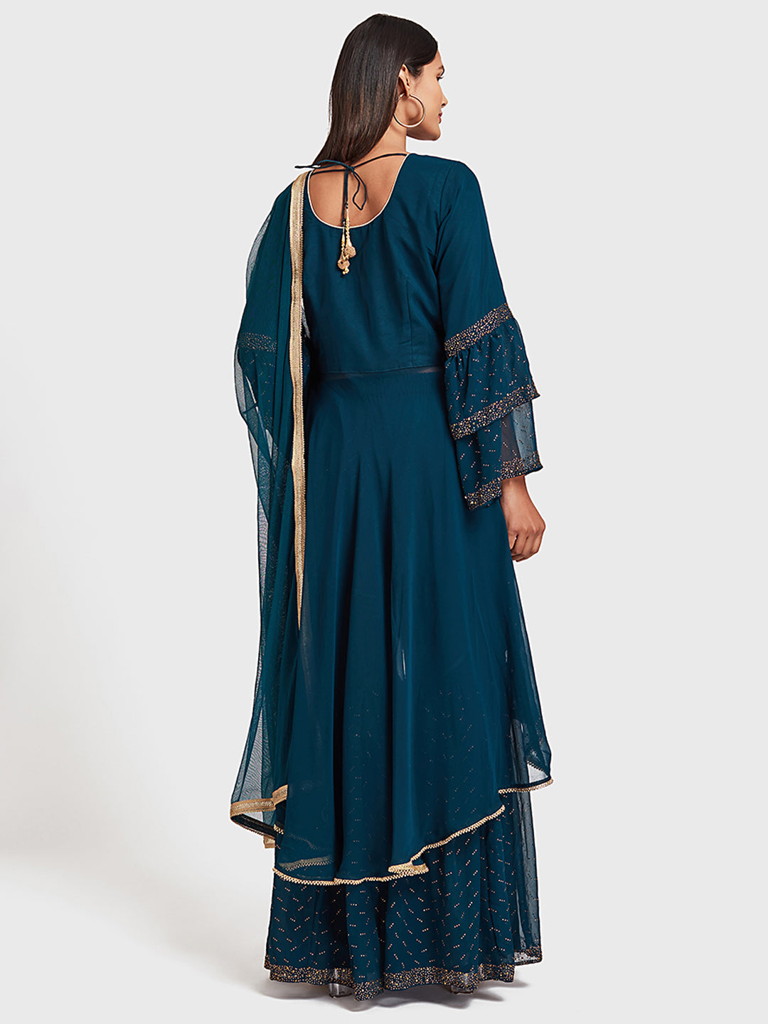Neerus Blue Georgette Embroidered Anarkali Sharara Set - side view