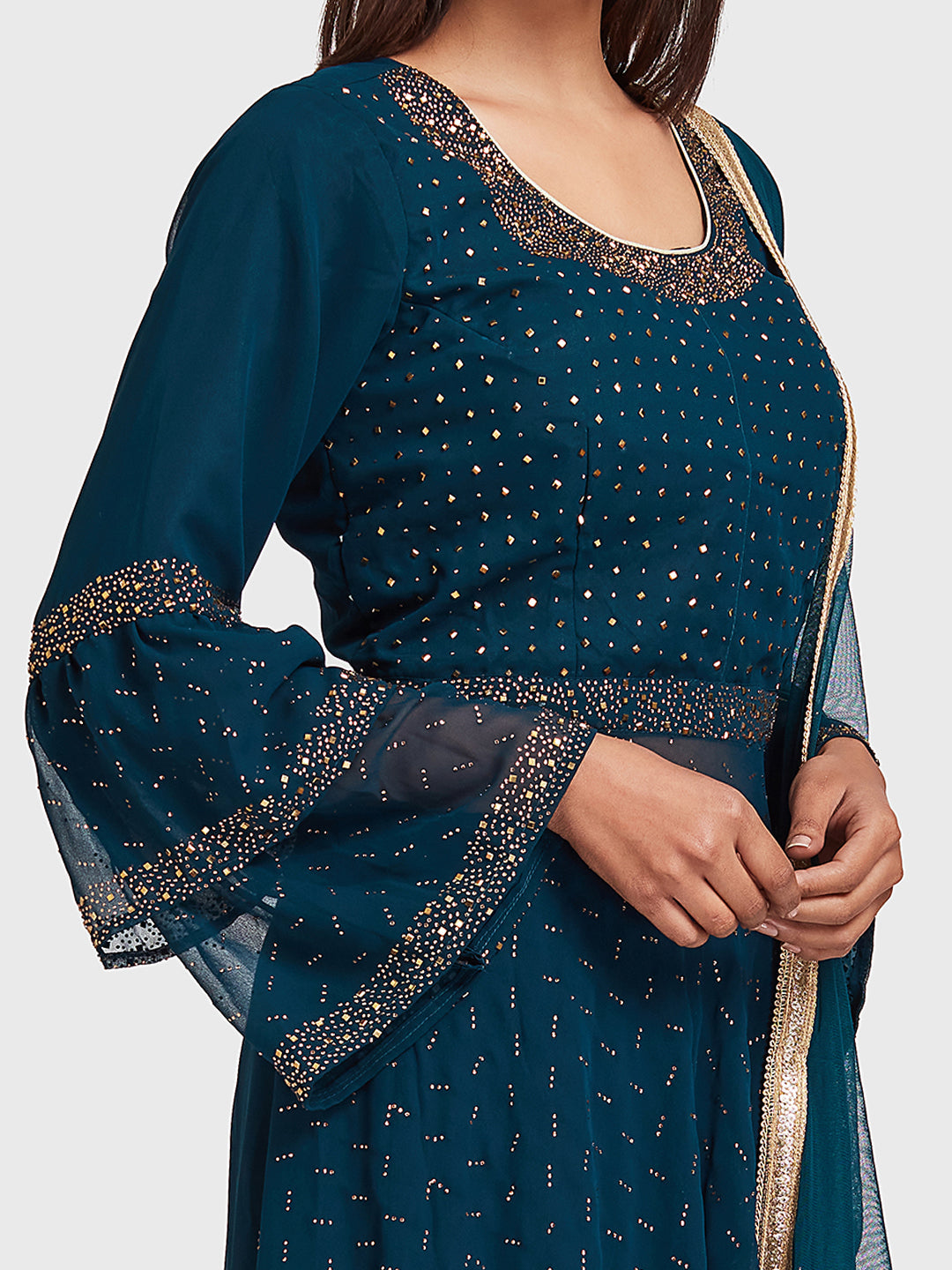 Neerus Blue Georgette Embroidered Anarkali Sharara Set - detail view 1