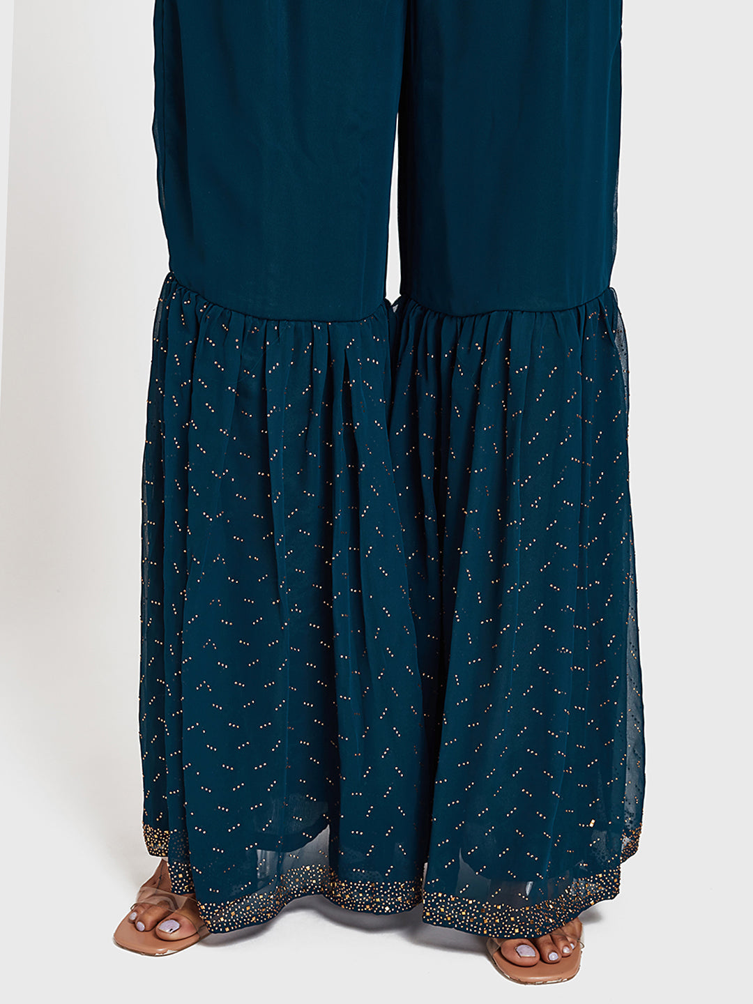 Neerus Blue Georgette Embroidered Anarkali Sharara Set - detail view 2