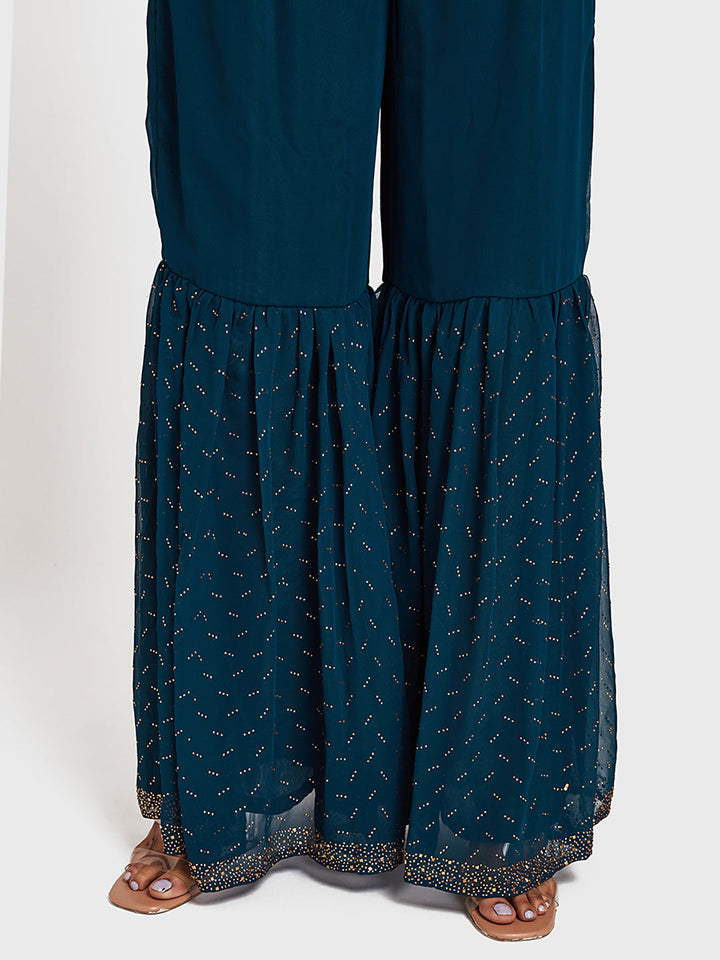 Neerus Blue Georgette Embroidered Anarkali Sharara Set - detail view 2