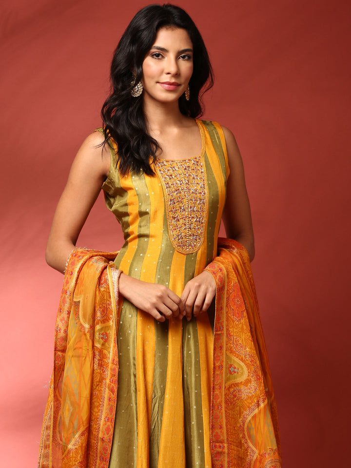 Mustard and green striped silk embroidered anarkali set