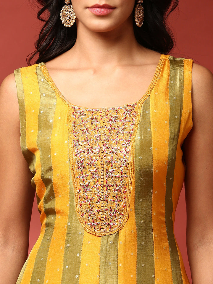 Neerus Yellow silk embroidered anarkali suit set - detail view 2