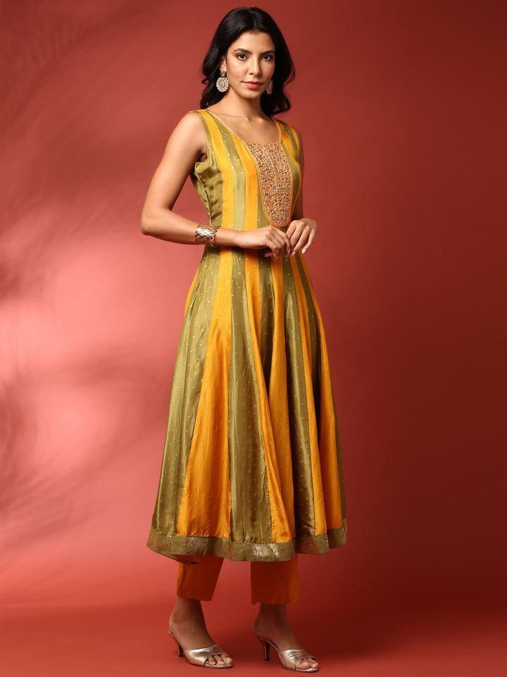 Mustard and green striped silk embroidered anarkali set