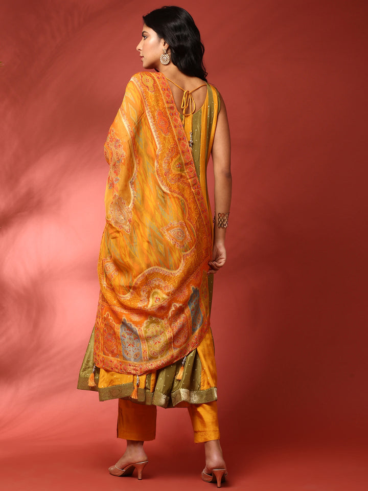 Neerus Yellow silk embroidered anarkali suit set - detail view 1