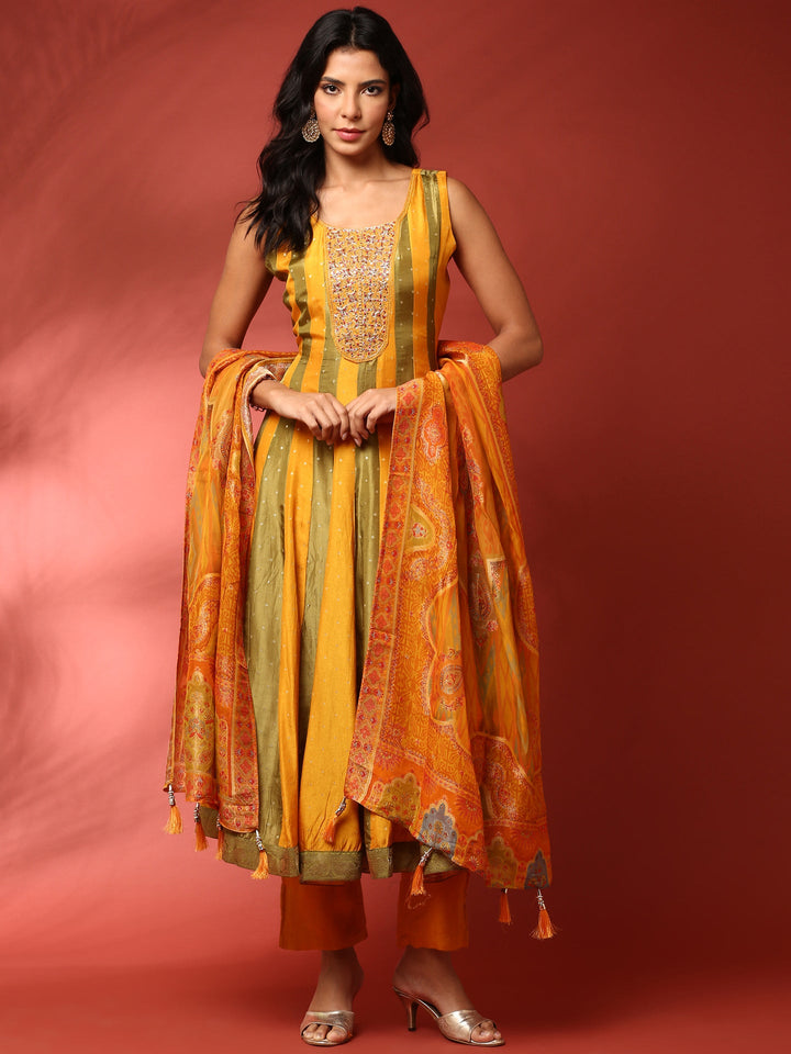 Neerus Yellow silk embroidered anarkali suit set - front view