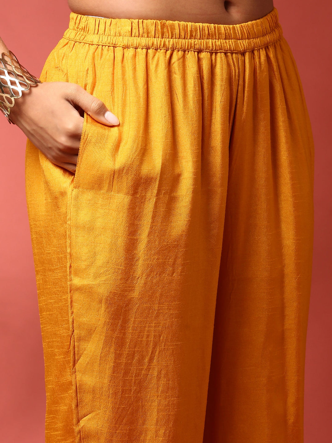 Neerus Yellow silk embroidered anarkali suit set - detail view 3