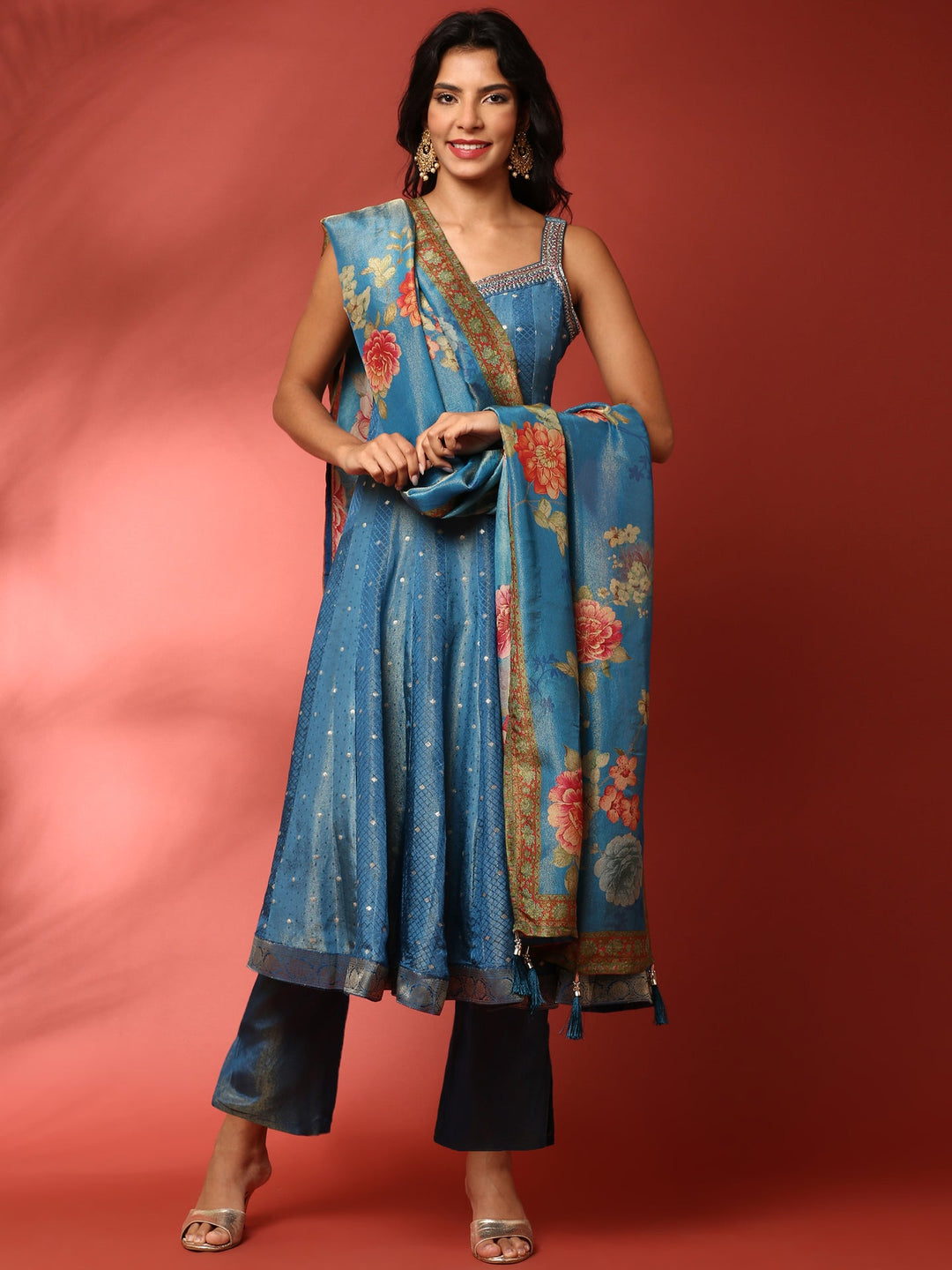 Neerus Blue tissue embroidered Anarkali suit set - back view