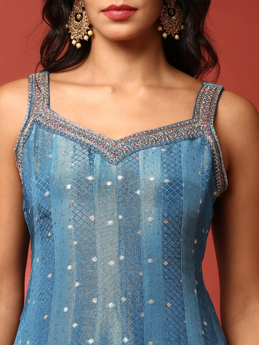 Neerus Blue tissue embroidered Anarkali suit set - detail view 2