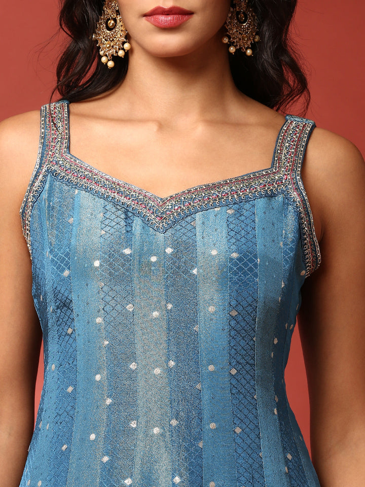 Neerus Blue tissue embroidered Anarkali suit set - detail view 2