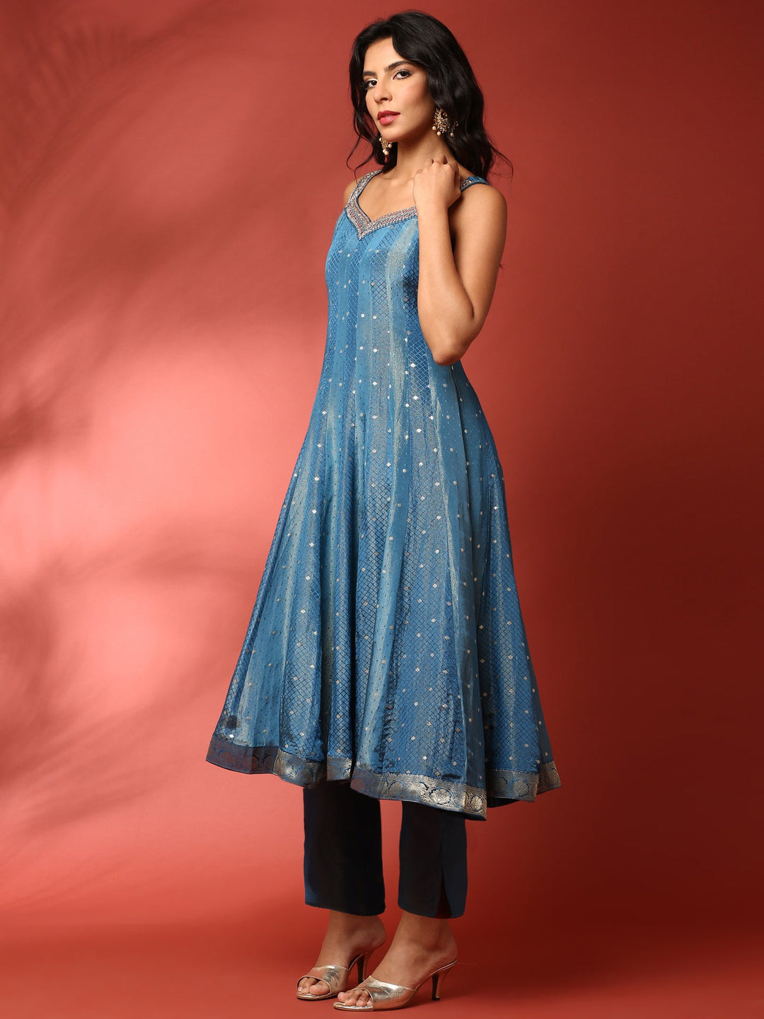 Neerus Blue tissue embroidered Anarkali suit set - side view