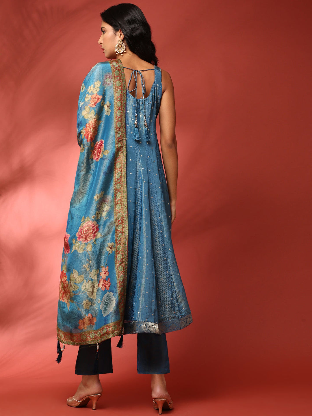 Neerus Blue tissue embroidered Anarkali suit set - detail view 1