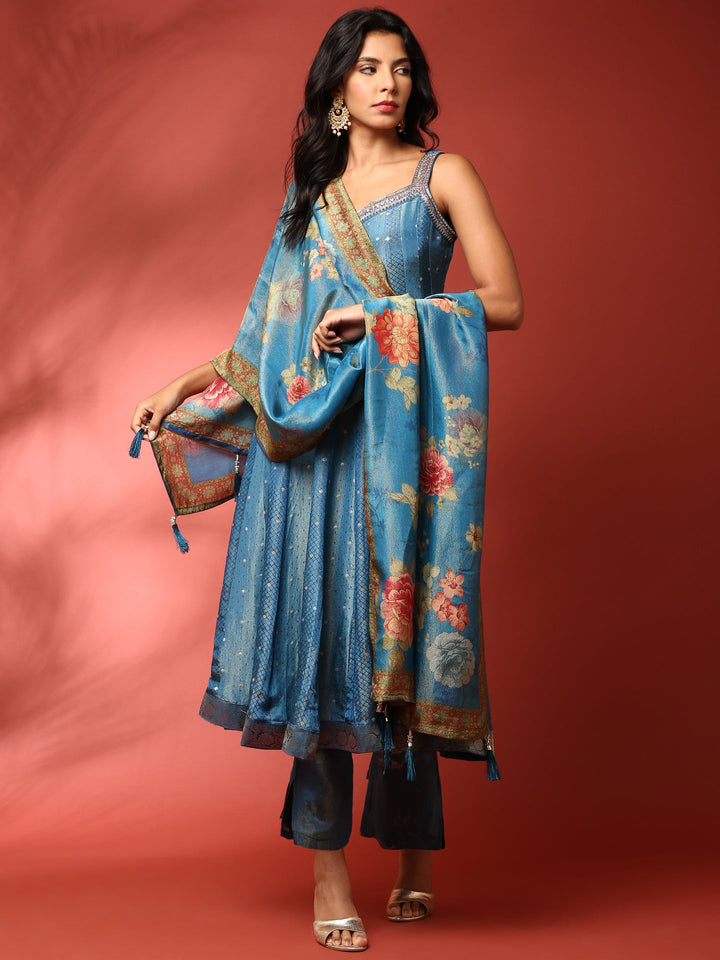 Neerus Blue tissue embroidered Anarkali suit set - front view