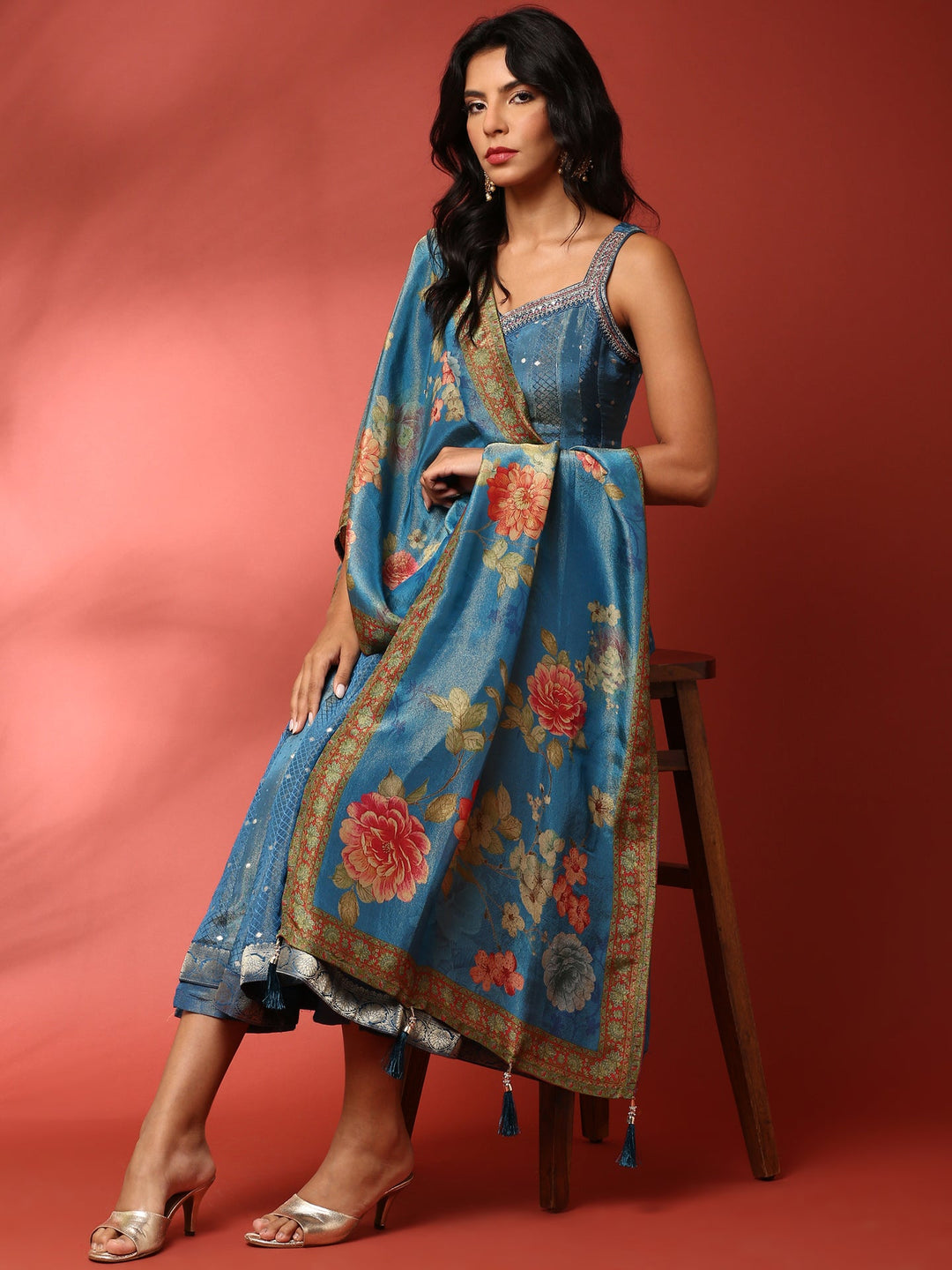 Neerus Blue tissue embroidered Anarkali suit set - detail view 3