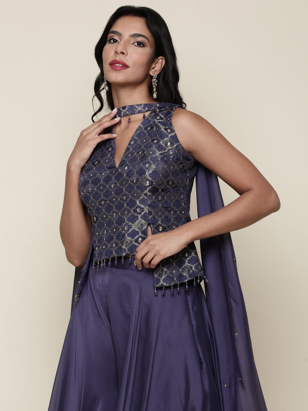 Neerus Blue tissue crop top and palazzo suit set - detail view 2