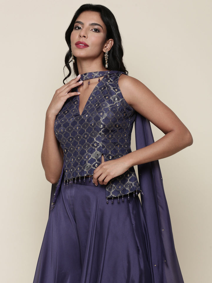 Neerus Blue tissue crop top and palazzo suit set - detail view 2