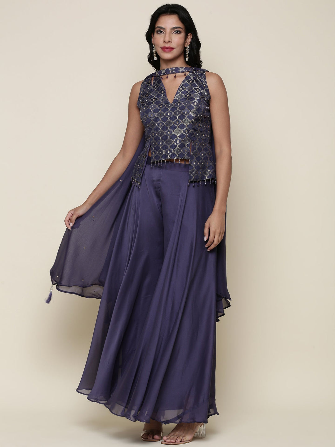 Neerus Blue tissue crop top and palazzo suit set - front view