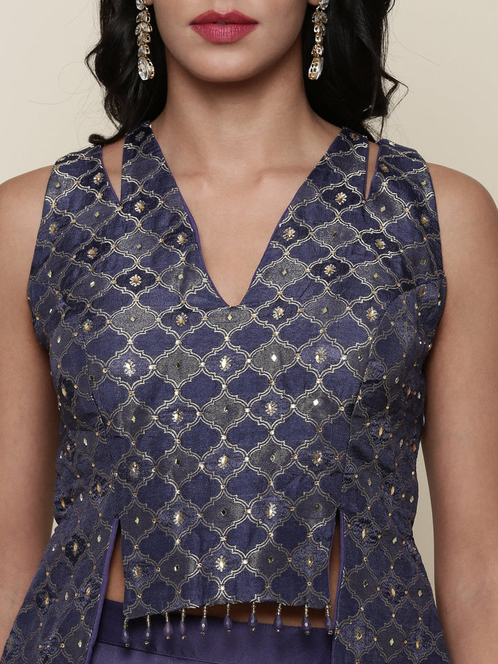 Neerus Blue tissue crop top and palazzo suit set - detail view 1