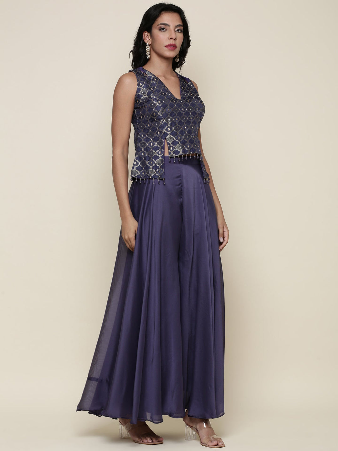 Neerus Blue tissue crop top and palazzo suit set - back view