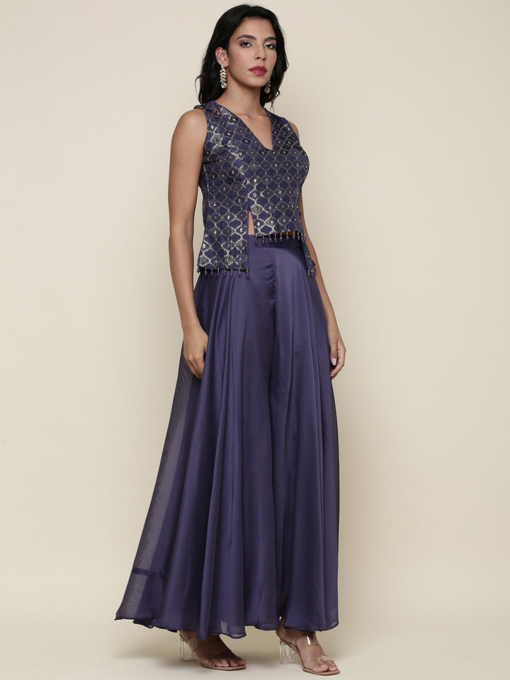 Neerus Blue tissue crop top and palazzo suit set - back view