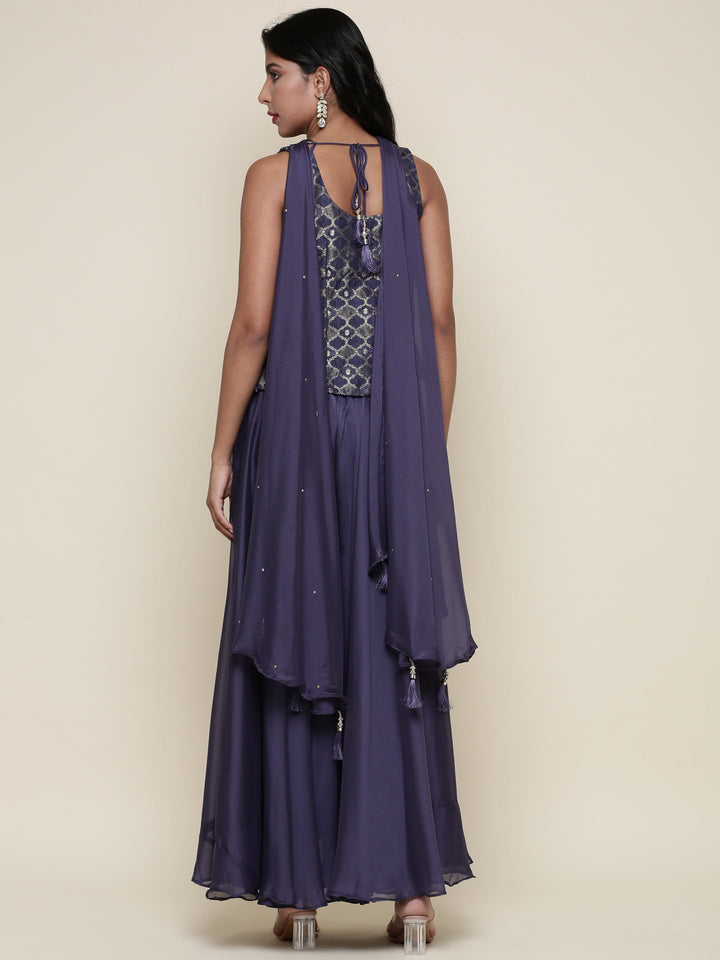 Neerus Blue tissue crop top and palazzo suit set - side view