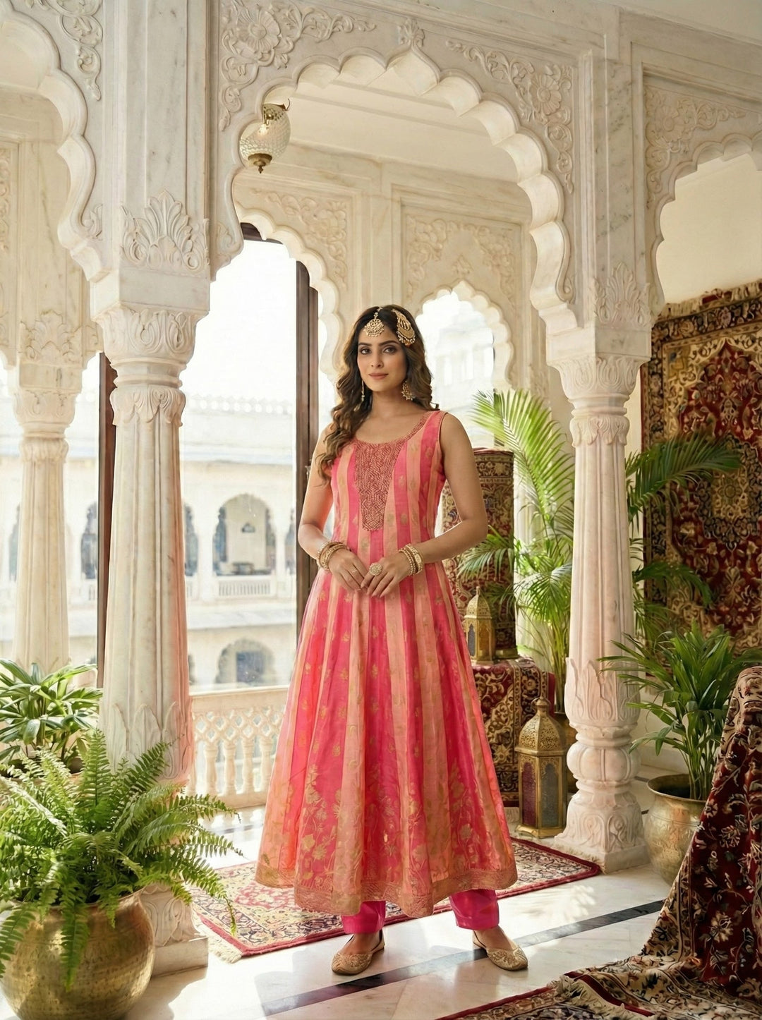 Neerus Pink silk digital printed Anarkali suit set - front view