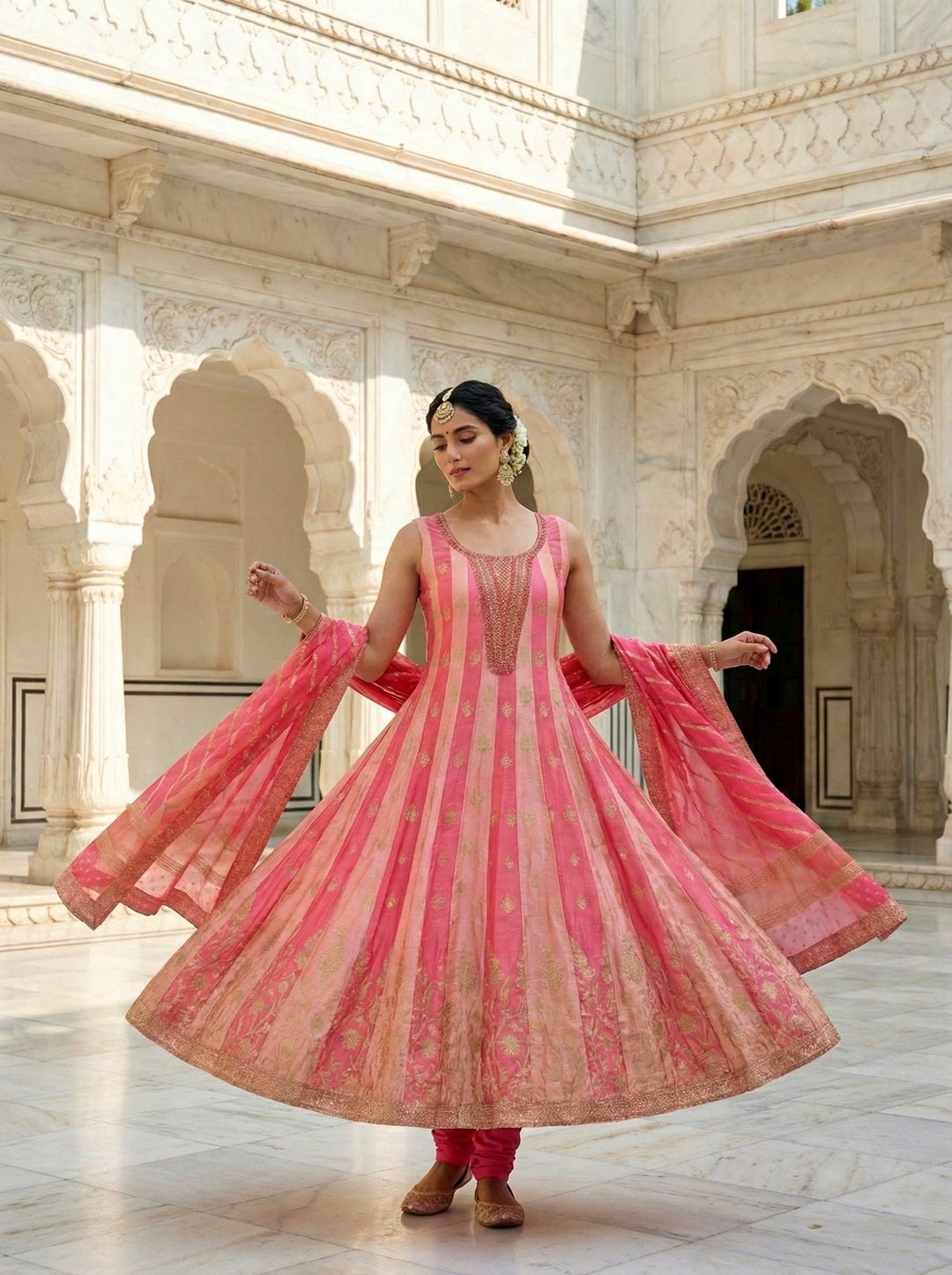 Neerus Pink silk digital printed Anarkali suit set - back view