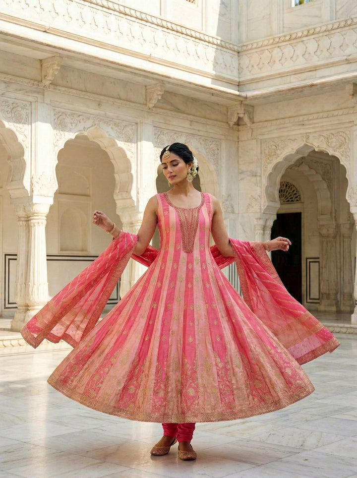 Neerus Pink silk digital printed Anarkali suit set - back view