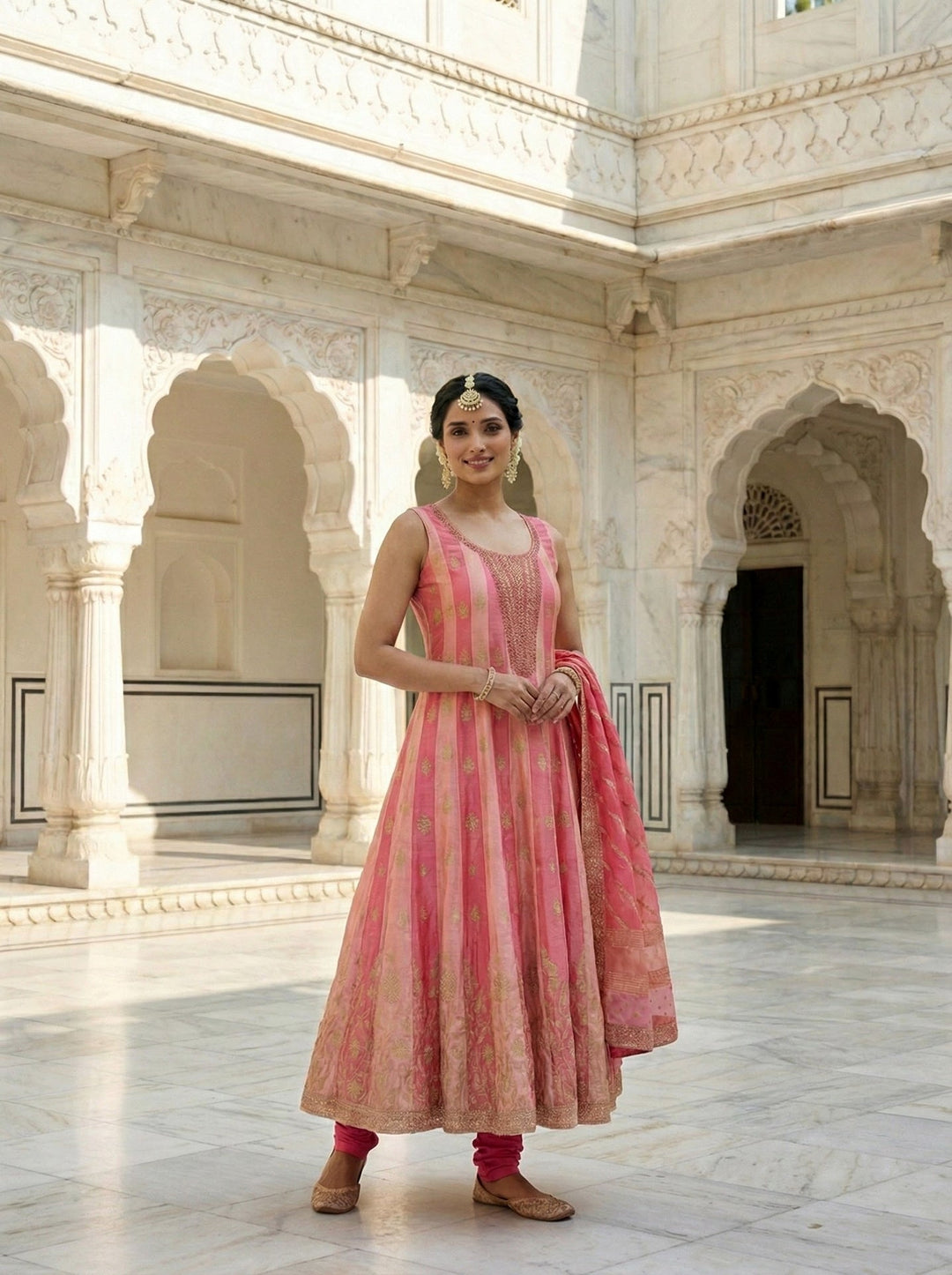 Neerus Pink silk digital printed Anarkali suit set - side view