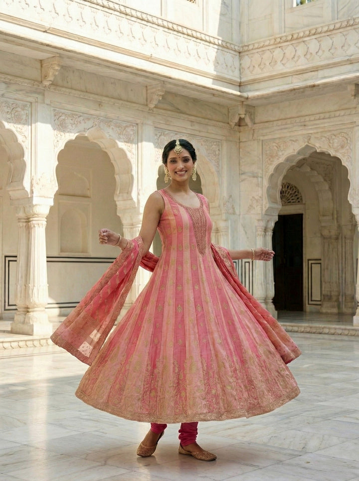 Neerus Pink silk digital printed Anarkali suit set - detail view 1