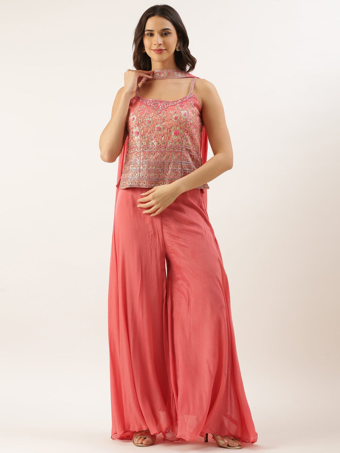 Neerus Pink tissue embroidered suit set peplum with palazzo - detail view 3