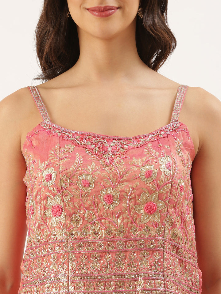 Neerus Pink tissue embroidered suit set peplum with palazzo - detail view 1
