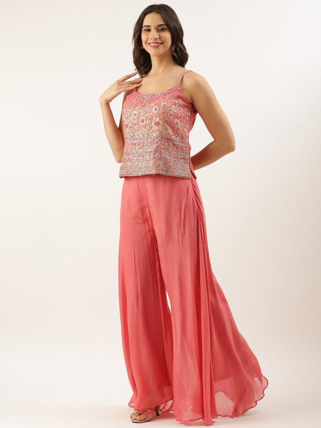 Neerus Pink tissue embroidered suit set peplum with palazzo - back view