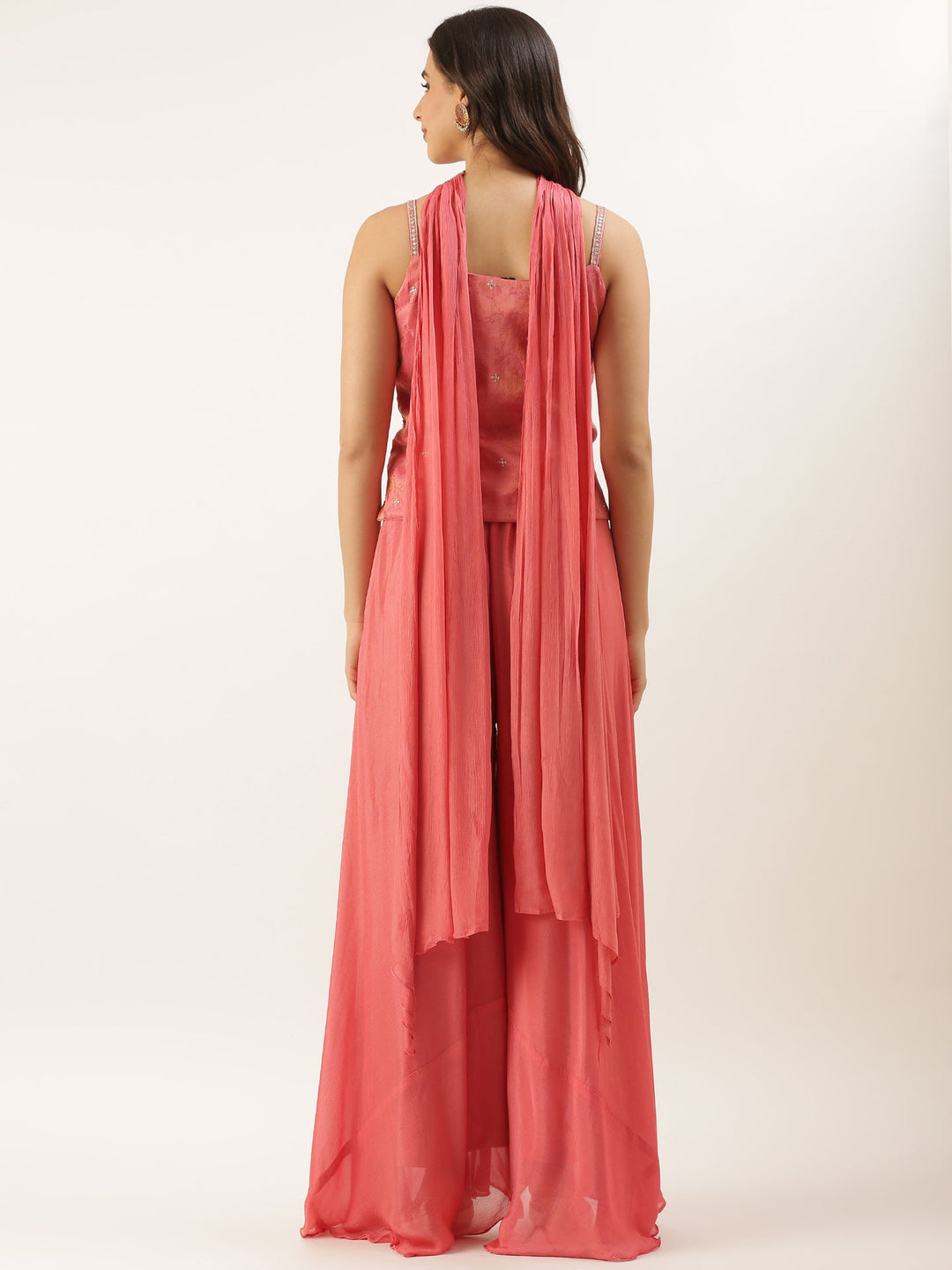 Neerus Pink tissue embroidered suit set peplum with palazzo - side view