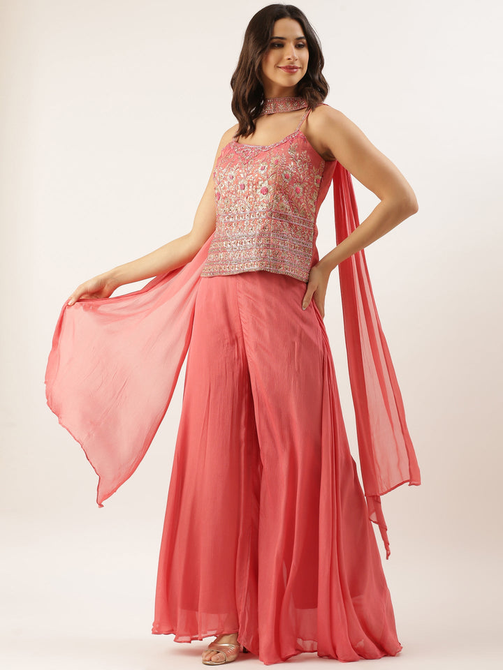 Neerus Pink tissue embroidered suit set peplum with palazzo - front view