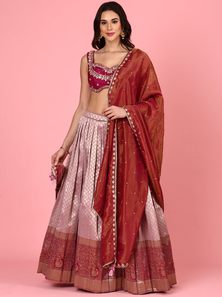 Neerus Pink silk embroidered lehenga set - front view