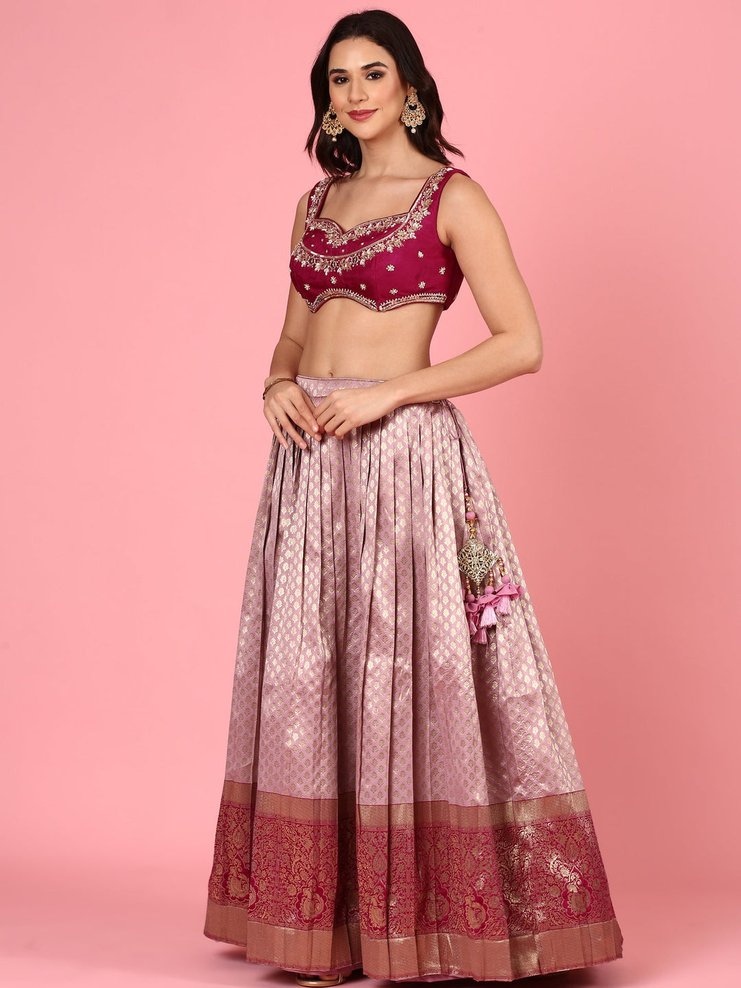 Neerus Pink silk embroidered lehenga set - back view