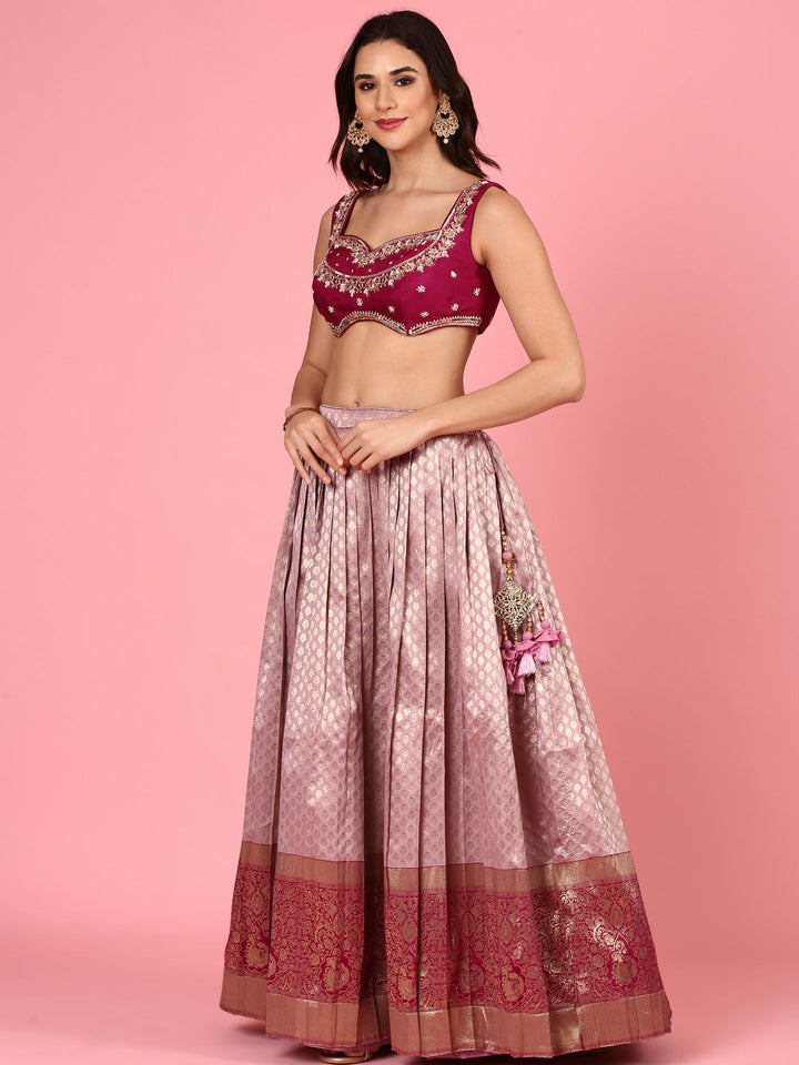 Neerus Pink silk embroidered lehenga set - back view