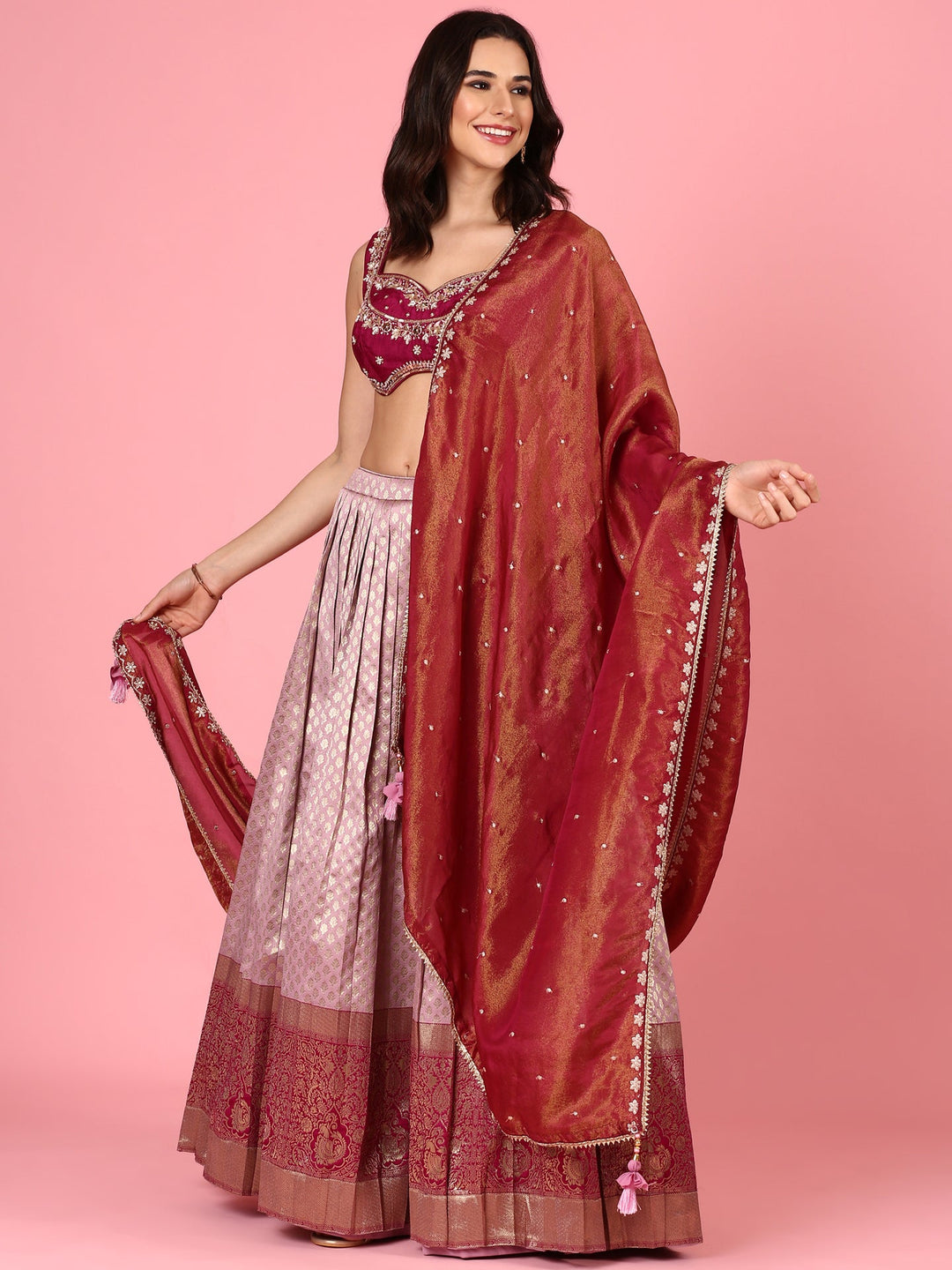 Neerus Pink silk embroidered lehenga set - detail view 2