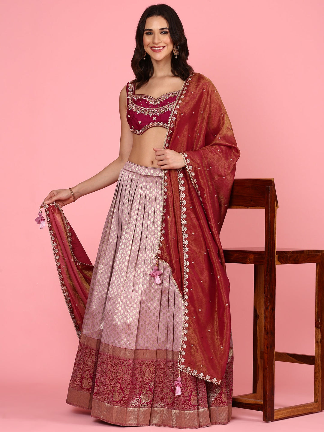 Neerus Pink silk embroidered lehenga set - detail view 4