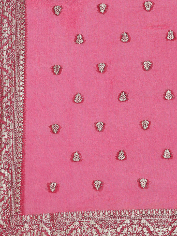 Pink tissue fabric embroidered Three piece suit set