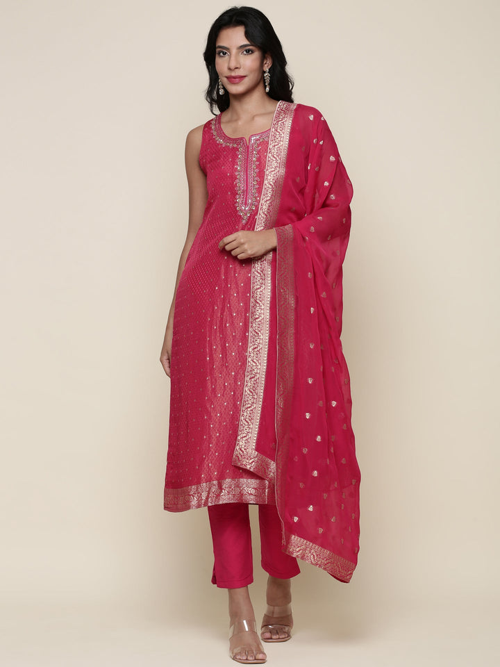 Pink tissue fabric embroidered Three piece suit set