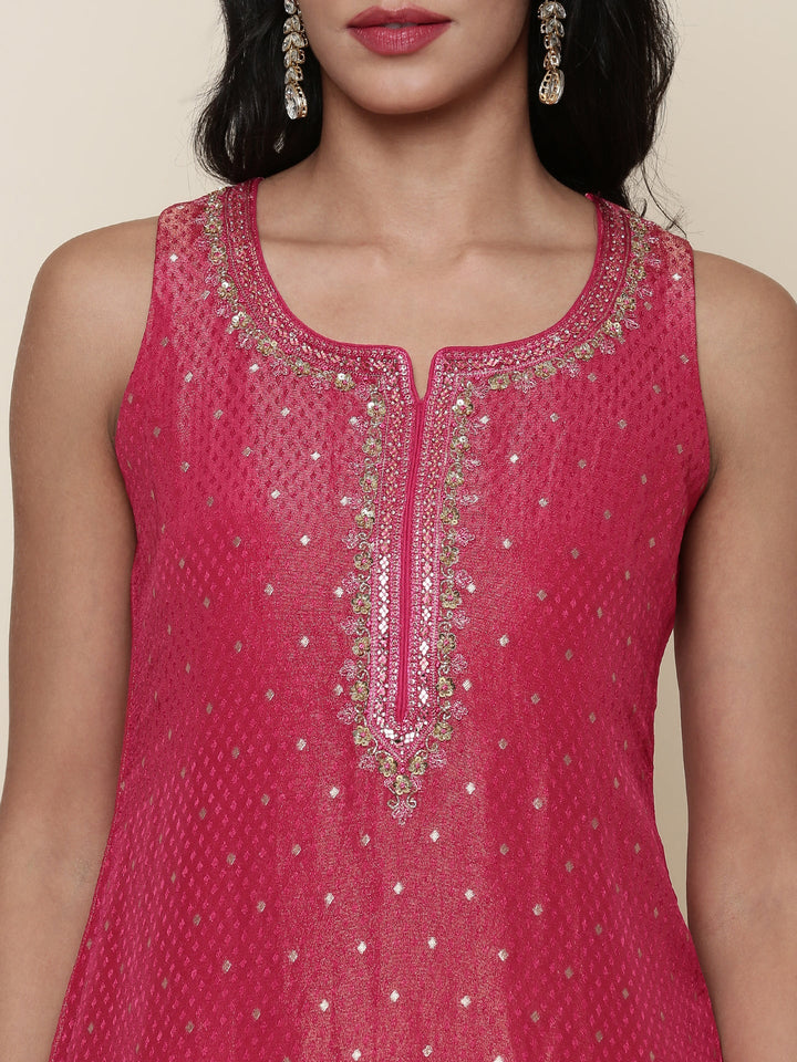 Pink tissue fabric embroidered Three piece suit set