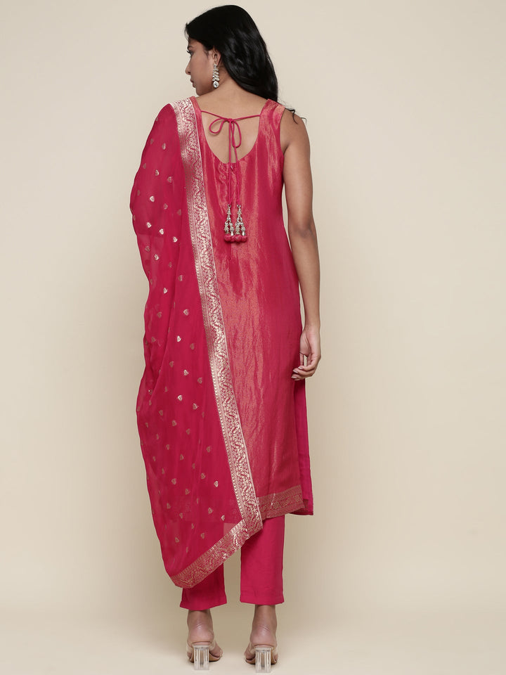 Pink tissue fabric embroidered Three piece suit set