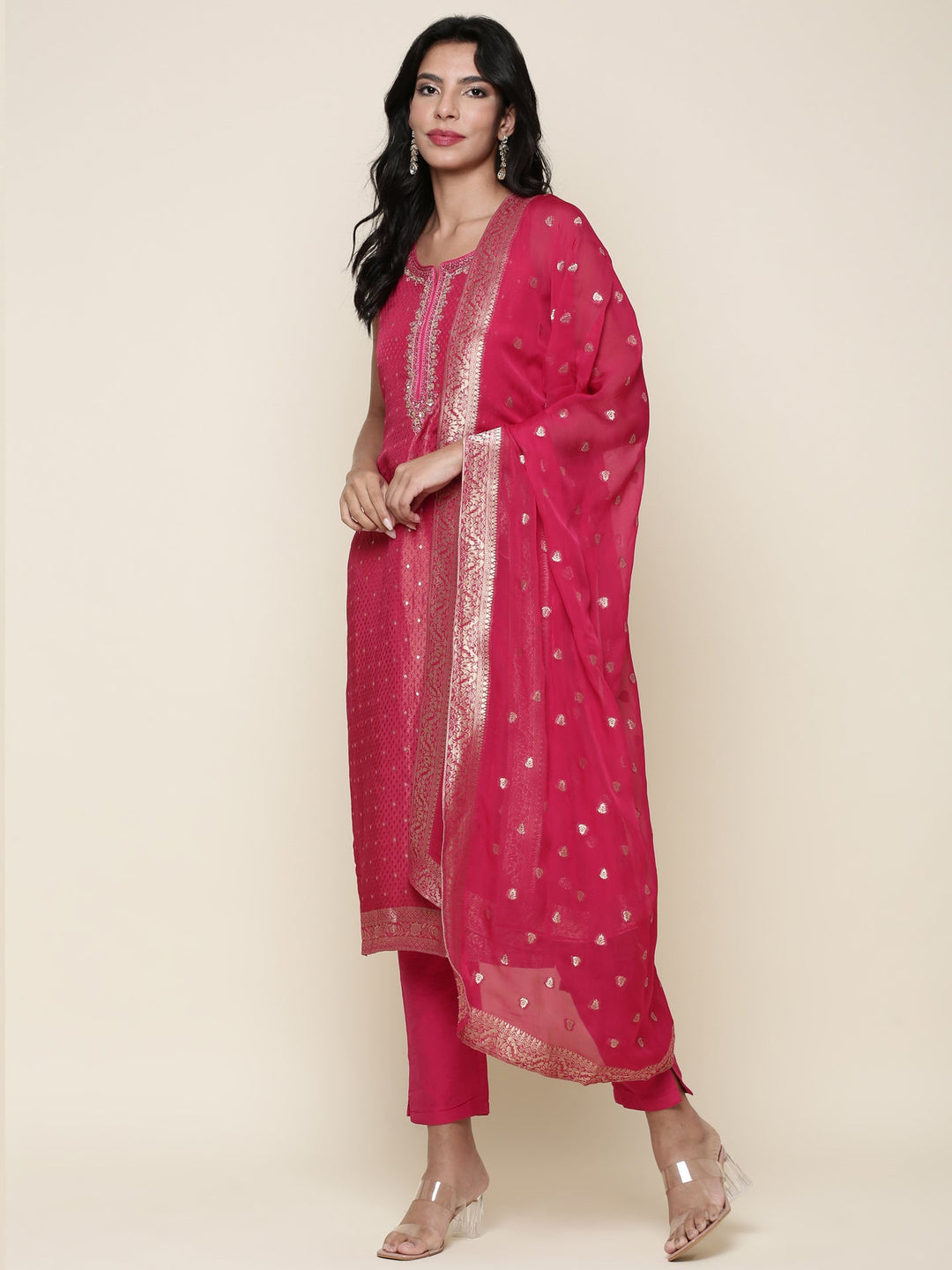Neerus Pink tissue embroidered suit set - front view