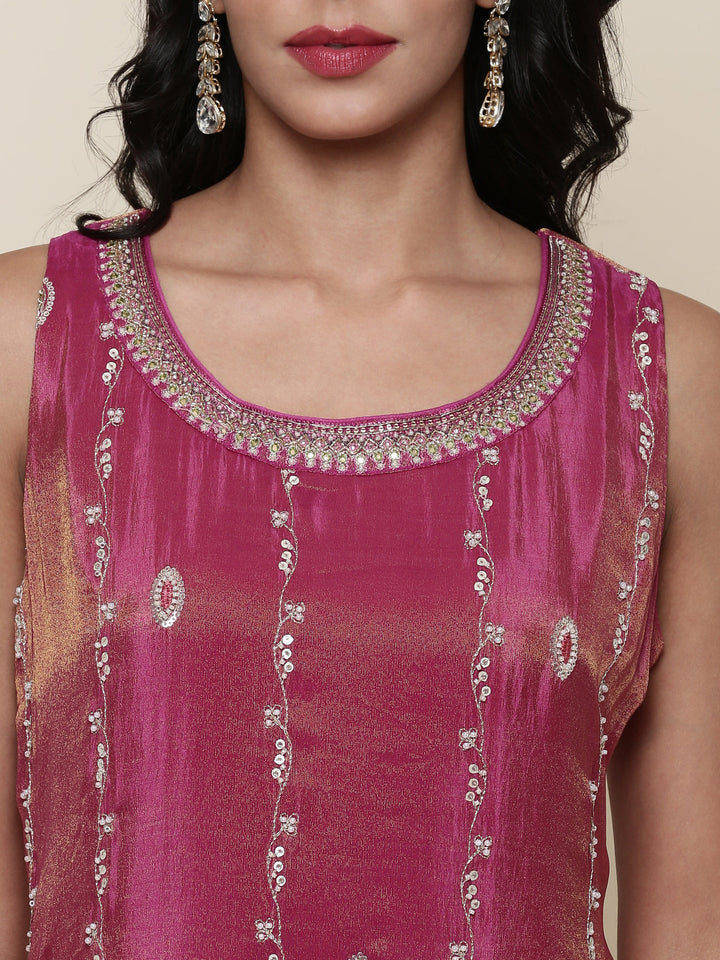 Magenta Tissue suit embroidered three piece set